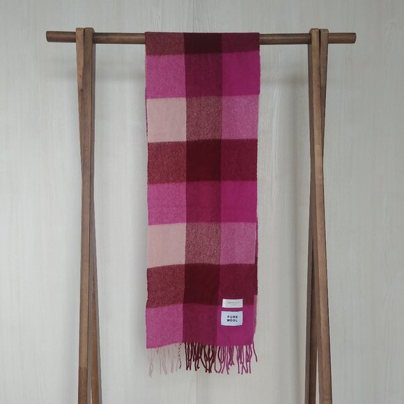 Opaque Clip Accessories - Opaque Clip Tokyo pure wool pink plaid scarf with fringe
